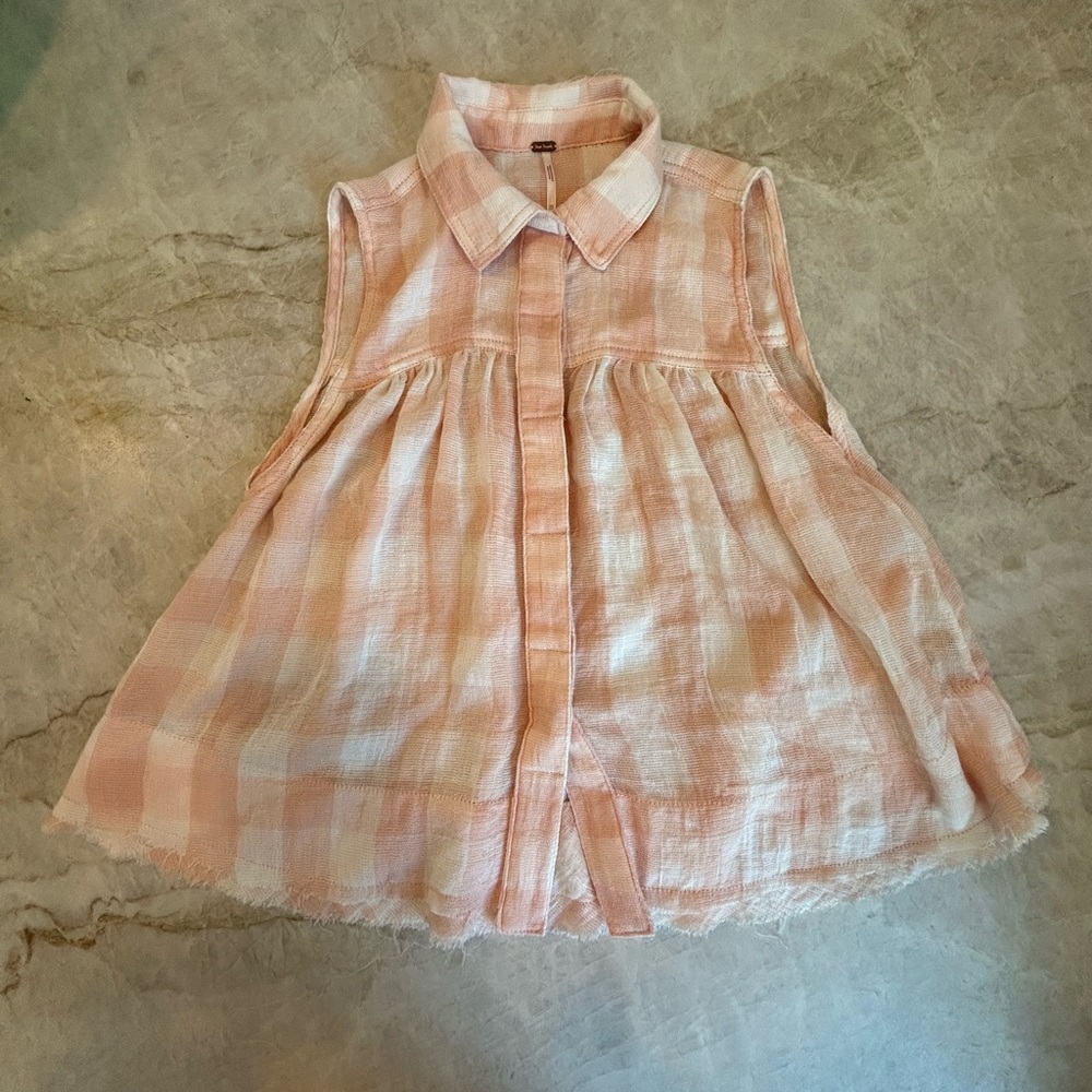 Free People XS Peach Plaid Gauze Swing Top Sleeveless Button Front Boho